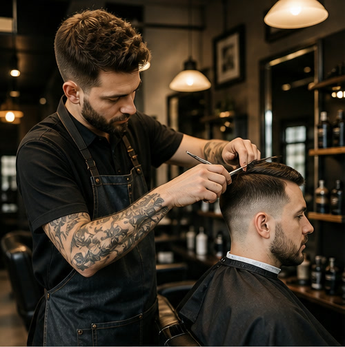 Barbero atendiendo a un cliente en una barbería